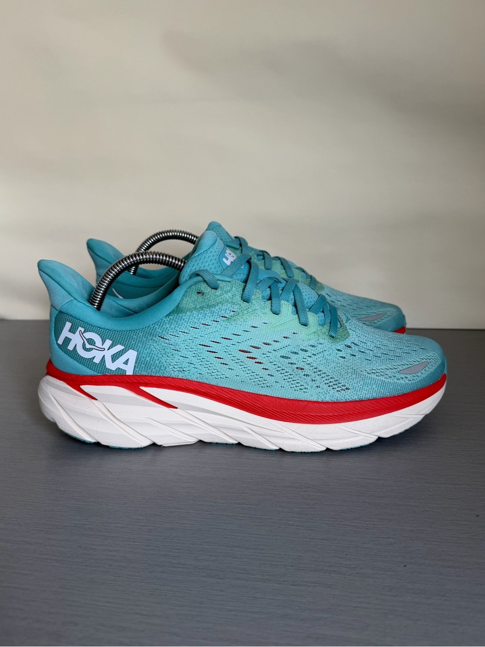 HOKA Clifton 8 Running Shoes - Turquoise with Red Accent